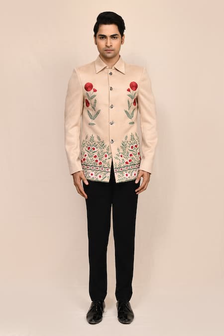 Buy_Aryavir Malhotra_Beige Suede, Rayon Embroidery Hand Work Shirt Jacket And Black Pant Set _Online_at_Aza_Fashions