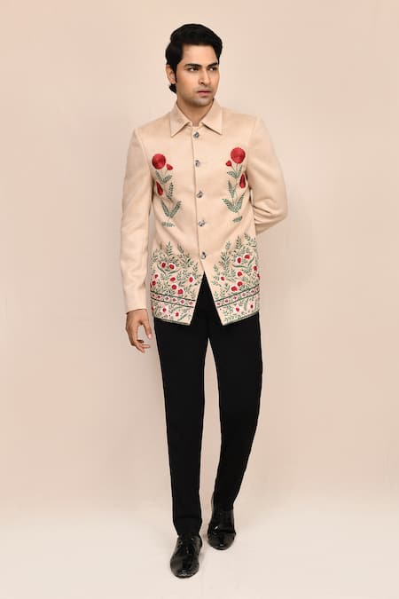 Aryavir Malhotra_Beige Suede, Rayon Embroidery Hand Work Shirt Jacket And Black Pant Set _at_Aza_Fashions