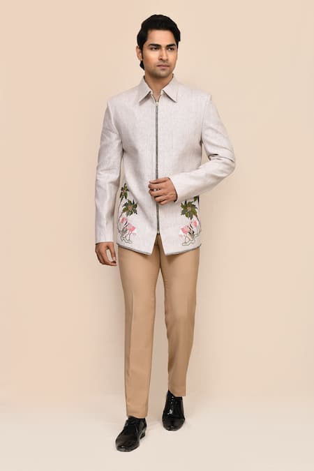 Aryavir Malhotra Light Grey Hand Work Jacket & Beige Pant Set 