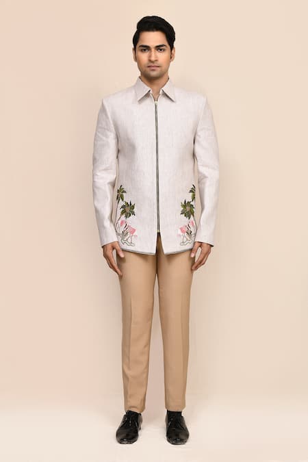 Buy_Aryavir Malhotra_Gray Linen, Silk Embroidery Light Grey Hand Work Jacket And Beige Pant Set _Online_at_Aza_Fashions