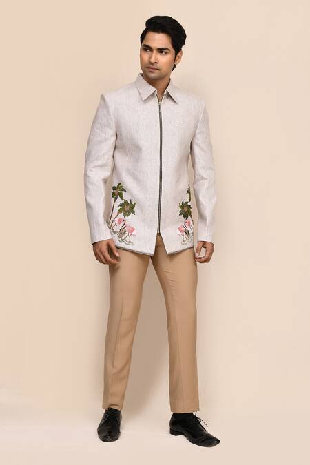 Aryavir Malhotra_Gray Linen, Silk Embroidery Light Grey Hand Work Jacket And Beige Pant Set _at_Aza_Fashions