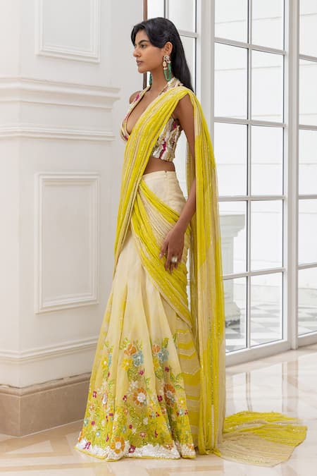 House Of Armuse_Yellow Net Sequins, Embroidery Halter Neck Floral Pre-draped Saree With Blouse _Online_at_Aza_Fashions