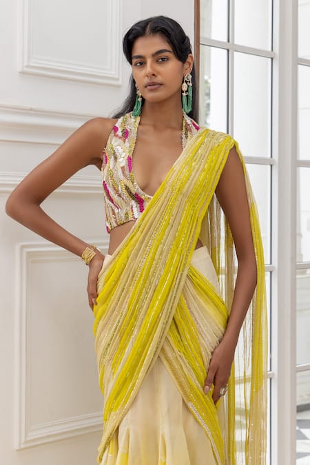 Buy_House Of Armuse_Yellow Net Sequins, Embroidery Halter Neck Floral Pre-draped Saree With Blouse _Online_at_Aza_Fashions