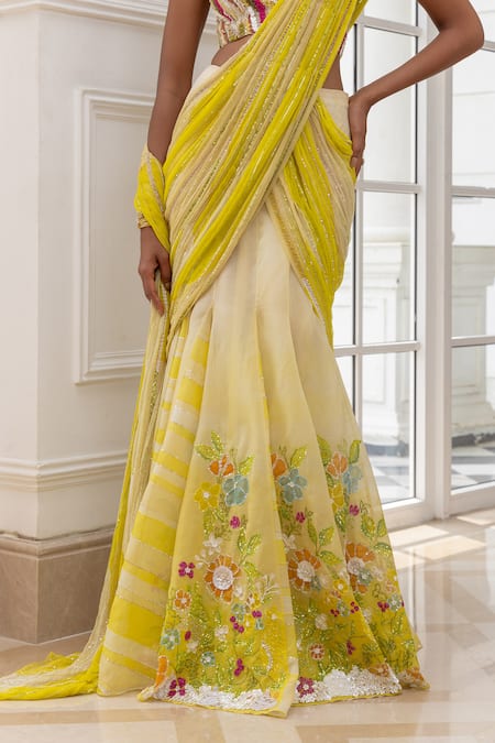 Shop_House Of Armuse_Yellow Net Sequins, Embroidery Halter Neck Floral Pre-draped Saree With Blouse _Online_at_Aza_Fashions