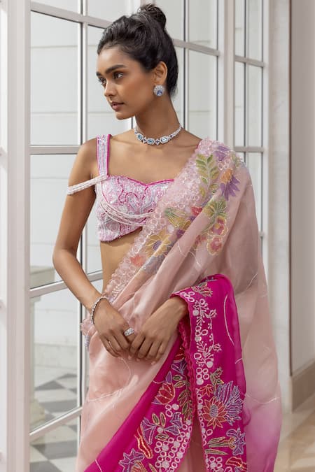 House Of Armuse_Pink Organza Embroidery, Sequins, Metallic Ombre Floral Saree And Blouse Set _Online_at_Aza_Fashions