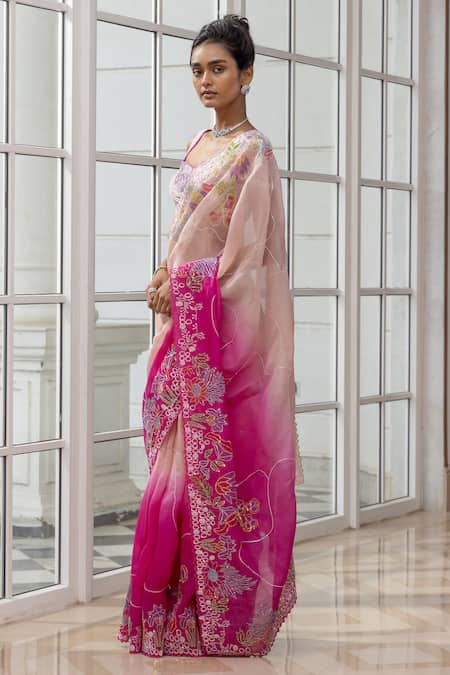 Buy_House Of Armuse_Pink Organza Embroidery, Sequins, Metallic Ombre Floral Saree And Blouse Set _Online_at_Aza_Fashions