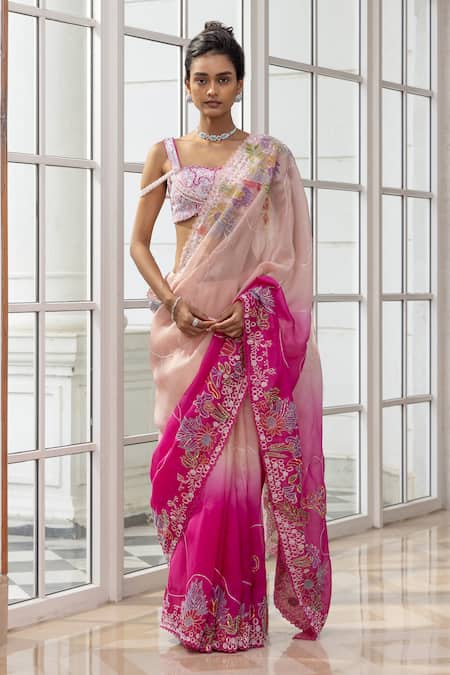 House Of Armuse Ombre Floral Embroidered Saree & Blouse Set 