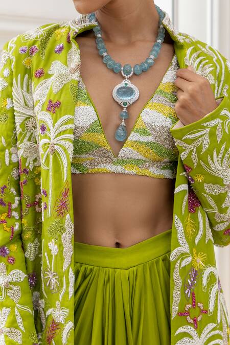 Shop_House Of Armuse_Green Satin, Organza Embroidery, Sequins, Beads Collared, Jacket And Skirt Set _Online_at_Aza_Fashions