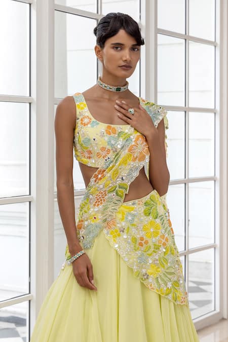 House Of Armuse_Lime Silk Organza Embroidery, Sequins, Mirrors, Metallic Floral Lehenga Set _Online_at_Aza_Fashions