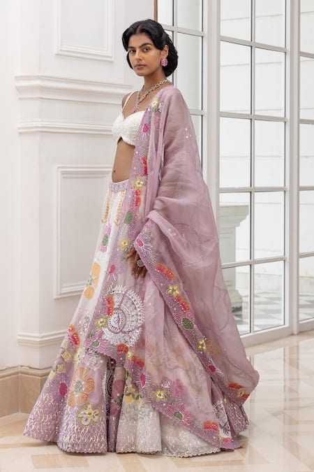 House Of Armuse_Ivory Silk Organza Embroidery, Sequins, Mirrors, Floral Pattern Lehenga Set _Online_at_Aza_Fashions