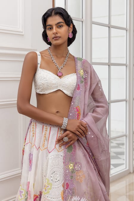 Buy_House Of Armuse_Ivory Silk Organza Embroidery, Sequins, Mirrors, Floral Pattern Lehenga Set _Online_at_Aza_Fashions