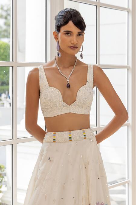 House Of Armuse_Ivory Silk Organza Sequins, Embroidery, Cut Work Sweetheart Lehenga Blouse Set _Online_at_Aza_Fashions