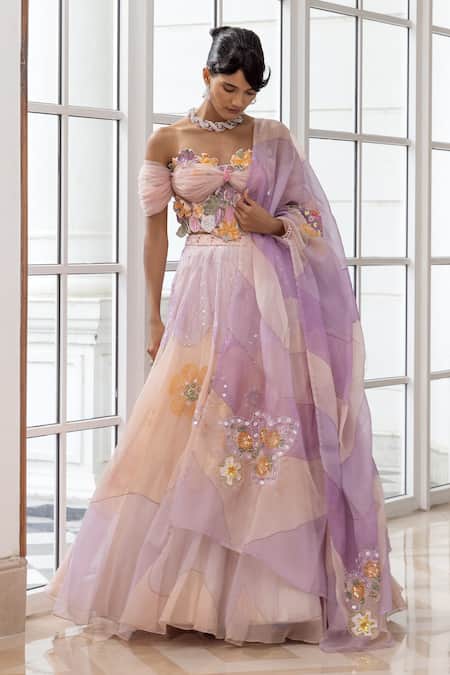House Of Armuse_Lavender Organza Embroidery, Sequins, Stones, Beads Floral Applique Lehenga Set _Online_at_Aza_Fashions