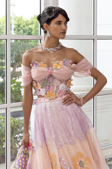 Buy_House Of Armuse_Lavender Organza Embroidery, Sequins, Stones, Beads Floral Applique Lehenga Set _Online_at_Aza_Fashions
