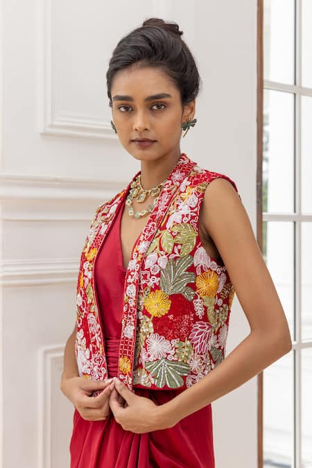 Buy_House Of Armuse_Red Satin, Silk Organza Embroidery, Sequins Draped Dress And Floral Jacket Set _Online_at_Aza_Fashions