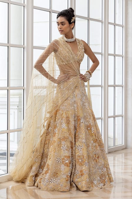House Of Armuse_Yellow Organza, Satin Embroidery, Sequins, Zari, Metallic Floral Lehenga Set _Online_at_Aza_Fashions