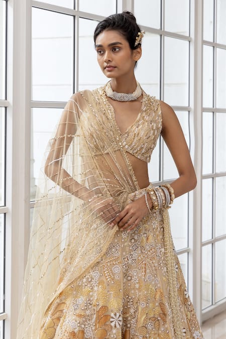 Shop_House Of Armuse_Yellow Organza, Satin Embroidery, Sequins, Zari, Metallic Floral Lehenga Set _Online_at_Aza_Fashions