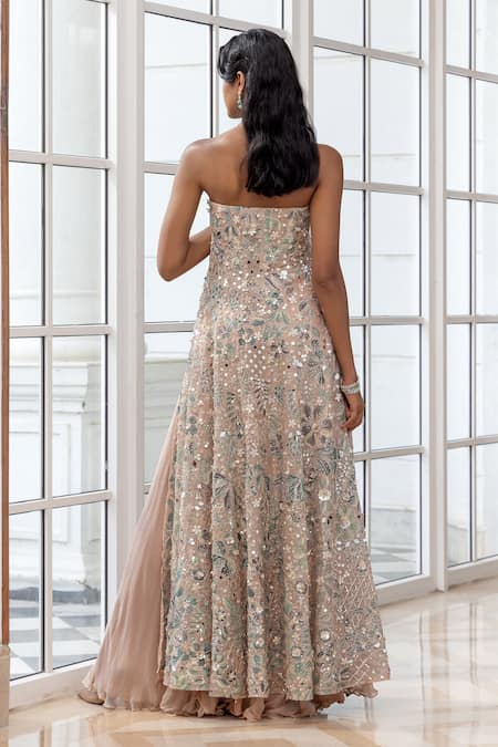 House Of Armuse Embroidered Strapless Kurta & Lehenga Set 