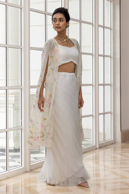 House Of Armuse_Ivory Organza Bandeau , Open Floral Embroidered Cape Skirt Set _Online_at_Aza_Fashions