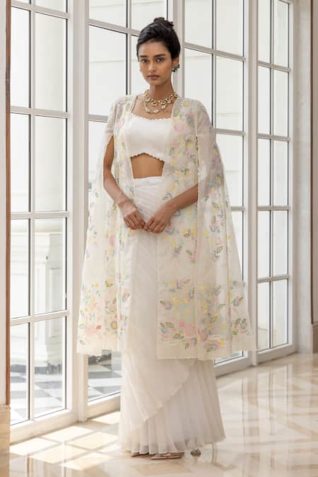 House Of Armuse Floral Embroidered Organza Cape Skirt Set 