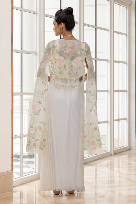 House Of Armuse Floral Embroidered Organza Cape Skirt Set 