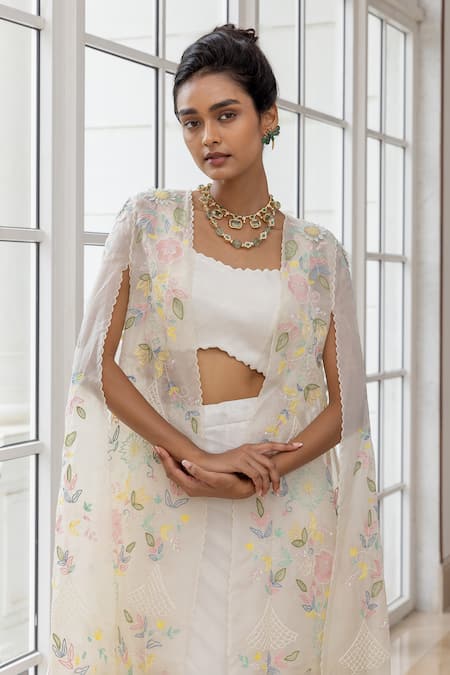 Buy_House Of Armuse_Ivory Organza Bandeau , Open Floral Embroidered Cape Skirt Set _Online_at_Aza_Fashions