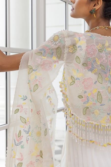 Shop_House Of Armuse_Ivory Organza Bandeau , Open Floral Embroidered Cape Skirt Set _Online_at_Aza_Fashions
