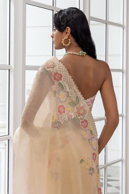House Of Armuse_Peach Organza Embroidery, Metallic Thread, Beads Floral Saree And Blouse Set _Online_at_Aza_Fashions
