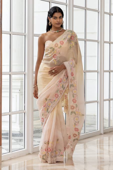 House Of Armuse Organza Floral Embroidered Saree & Blouse Set 