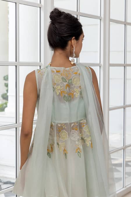 Shop House Of Armuse Blue Organza Embroidery Square Neck Peplum Kurta And Skirt Set Online at Aza Fashions Shop_House Of Armuse_Blue Organza Embroidery Square Neck Peplum Kurta And Skirt Set _Online_at_Aza_Fashions