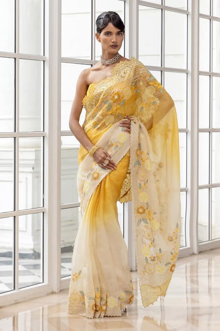 House Of Armuse Ombre Floral Embroidered Saree & Blouse Set 
