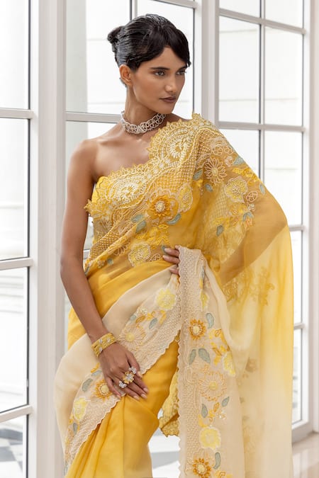 House Of Armuse_Ivory Organza Embroidery, Sequins, Zari, Beads, Ombre Floral Saree And Blouse Set _Online_at_Aza_Fashions