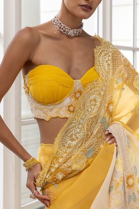 Buy_House Of Armuse_Ivory Organza Embroidery, Sequins, Zari, Beads, Ombre Floral Saree And Blouse Set _Online_at_Aza_Fashions