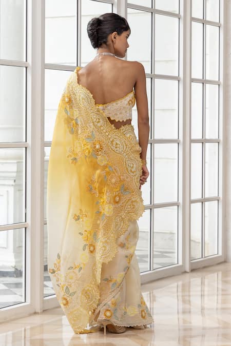 House Of Armuse Ombre Floral Embroidered Saree & Blouse Set 