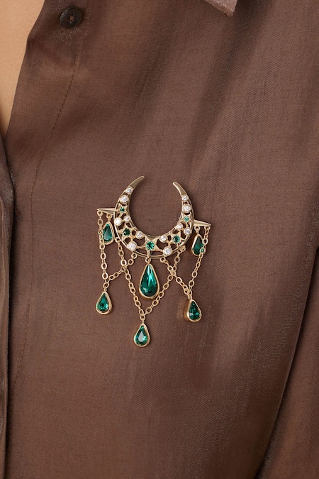 Buy_Isharya_Gold Plated Crystals, Gemstones, Chains Aurelian Brooch _Online_at_Aza_Fashions