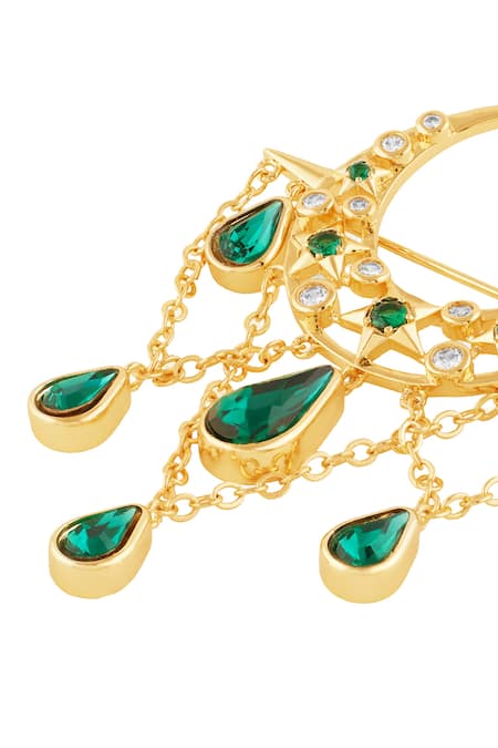 Shop_Isharya_Gold Plated Crystals, Gemstones, Chains Aurelian Brooch _Online_at_Aza_Fashions
