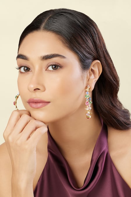 Shop Isharya Multi Color Crystals, Stones Suneras Lil Gem Drop Hoops Online at Aza Fashions Shop_Isharya_Multi Color Crystals, Stones Suneras Lil Gem Drop Hoops _Online_at_Aza_Fashions