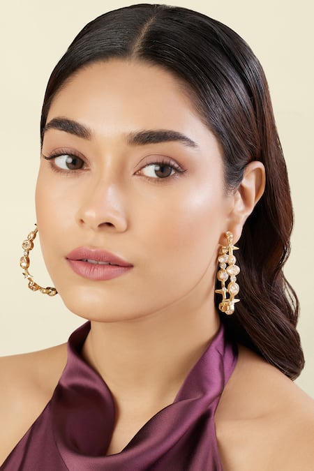Shop_Isharya_Gold Plated Crystals, Stones White Gem Drop Hoops _Online_at_Aza_Fashions