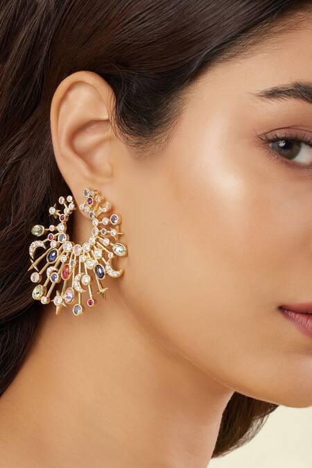 Buy_Isharya_Gold Plated Crystals, Stones Rumis Last Poem Earrings _Online_at_Aza_Fashions