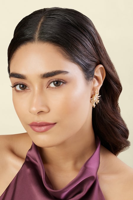 Shop_Isharya_Gold Plated Crystals, Stones Shikhas Disco Drop Studs_Online_at_Aza_Fashions