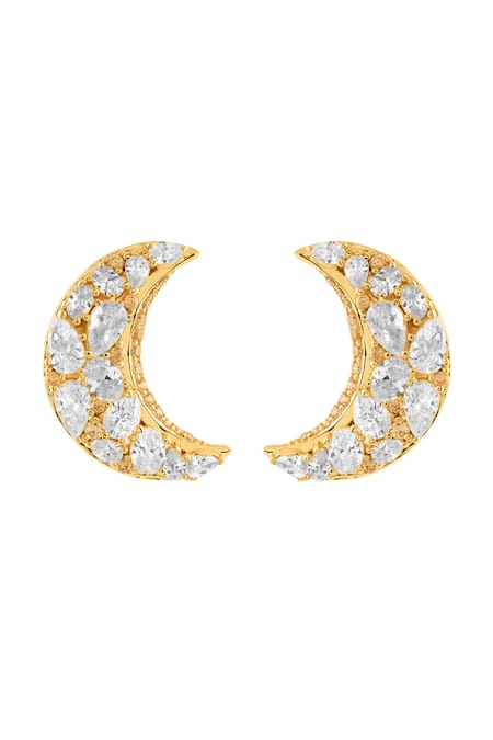 Shop Isharya Gold Plated Crystals, Stones Lune Stud Earrings at Aza Fashions Shop_Isharya_Gold Plated Crystals, Stones Lune Stud Earrings _at_Aza_Fashions