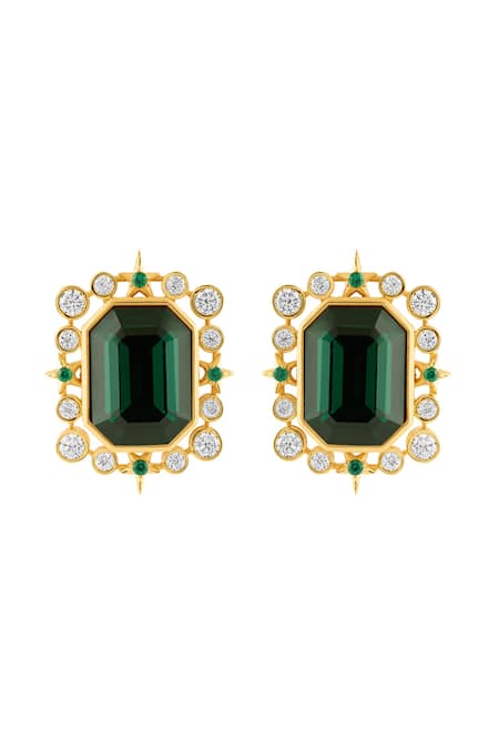 Shop Isharya Green Crystals, Stones Emerald Twilight Stud Earrings at Aza Fashions Shop_Isharya_Green Crystals, Stones Emerald Twilight Stud Earrings _at_Aza_Fashions