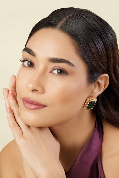 Shop Isharya Green Crystals, Stones Emerald Twilight Stud Earrings Online at Aza Fashions Shop_Isharya_Green Crystals, Stones Emerald Twilight Stud Earrings _Online_at_Aza_Fashions