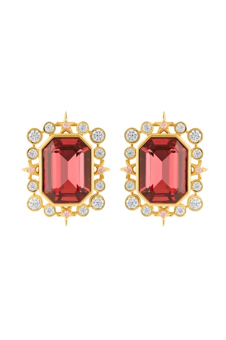 Shop Isharya Red Crystals, Stones Ruby Twilight Stud Earrings at Aza Fashions Shop_Isharya_Red Crystals, Stones Ruby Twilight Stud Earrings_at_Aza_Fashions
