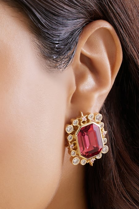 Shop Isharya Red Crystals, Stones Ruby Twilight Stud Earrings Online at Aza Fashions Shop_Isharya_Red Crystals, Stones Ruby Twilight Stud Earrings_Online_at_Aza_Fashions