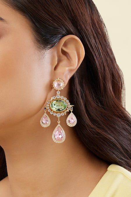 Shop_Isharya_Multi Color Crystals, Stones Ishas Embellished Danglers _Online_at_Aza_Fashions