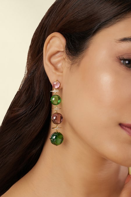 Shop_Isharya_Multi Color Stones, Crystals Orionis Long Earrings _Online_at_Aza_Fashions