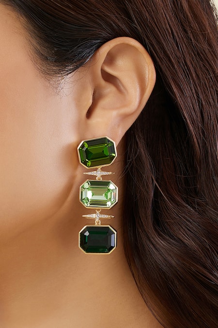 Shop_Isharya_Green Crystals, Stones Rialias Sparkle Statement Earrings _Online_at_Aza_Fashions
