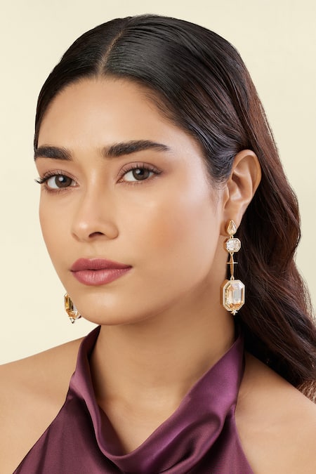 Shop_Isharya_Gold Plated Crystals, Stones Solistice Statement Danglers _Online_at_Aza_Fashions