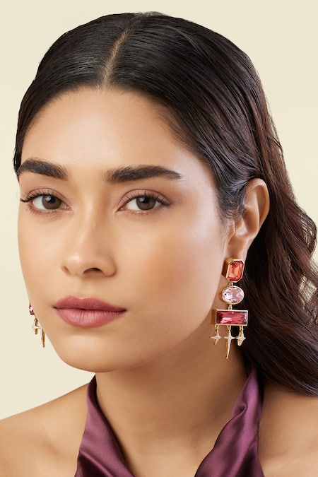 Isharya Stardust Pink Danglers In 18Kt Gold Plated 